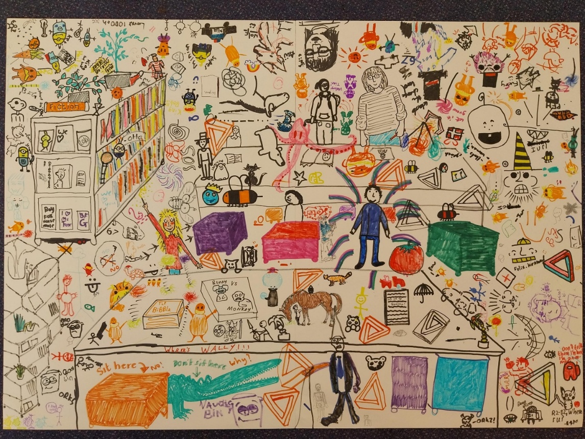 A giant drawing of the library and its inhabitants for National Illustration Day