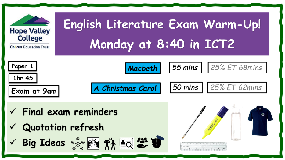 English Literature Exam Warm-Up! Monday at 8:40 in ICT2