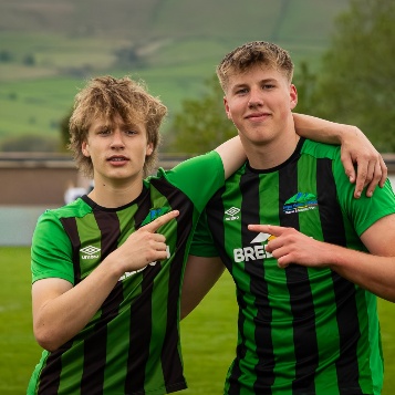 Two Key Stage 4 Boys Football Team players smiling at each other
