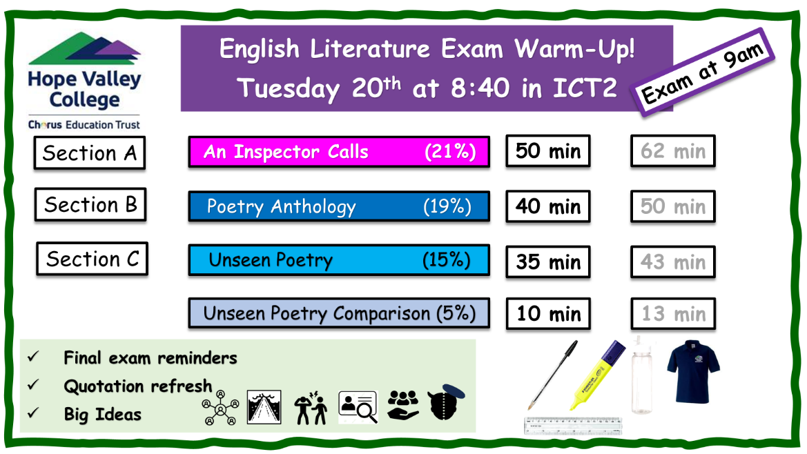 English Literature Exam Warm-Up Tuesday 20th at 8:40 in ICT 2