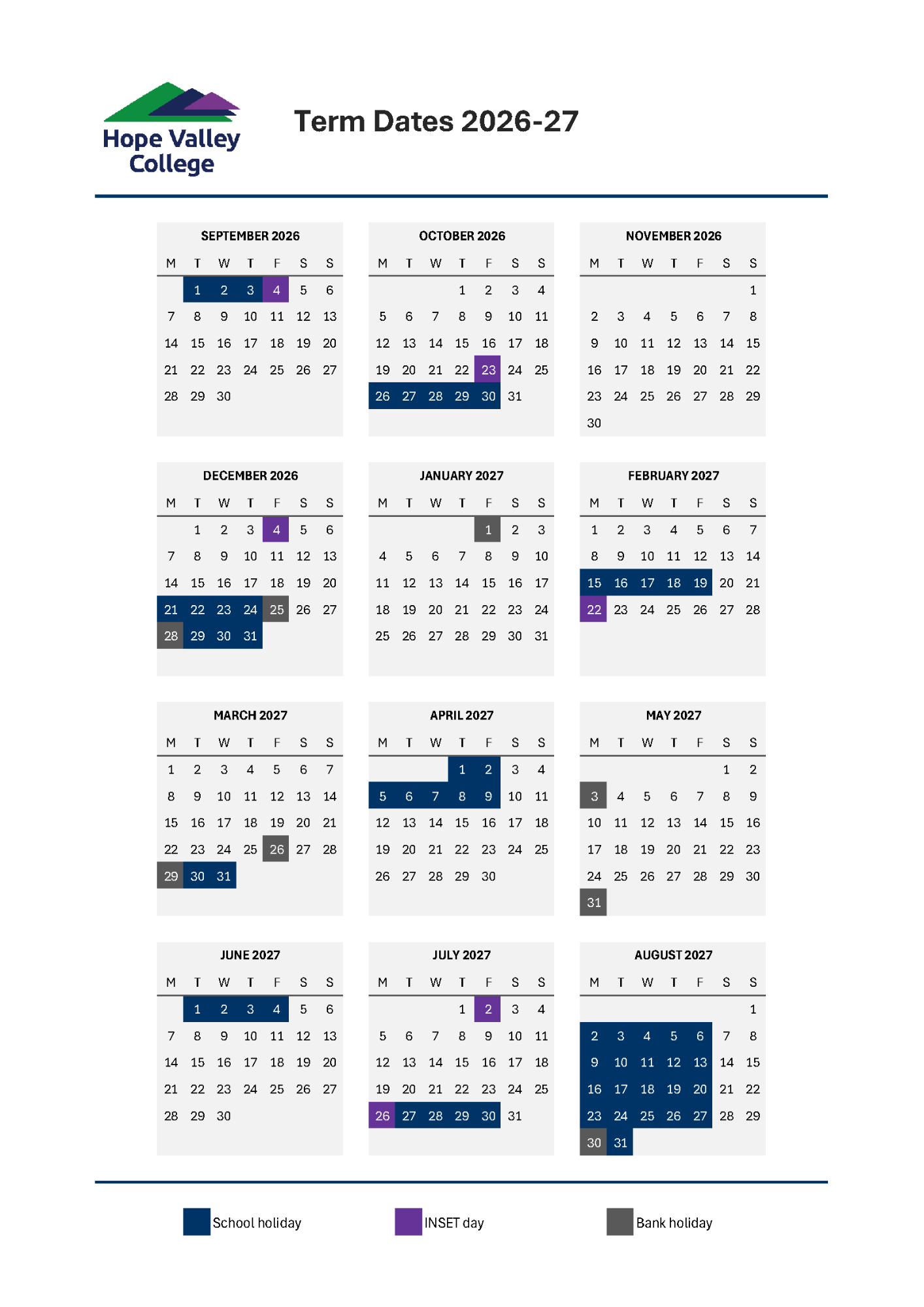 Term Date Calendar for 2026 to 2027
