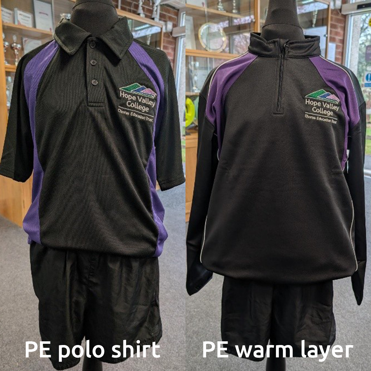 Branded PE items - a black and purple polo shirt and a black and purple warm layer with the HVC logo
