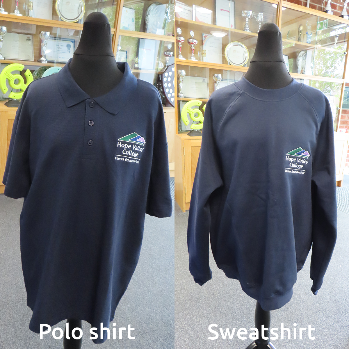 Branded school uniform - a navy polo shirt and Navy sweat shirt with the HVC logo